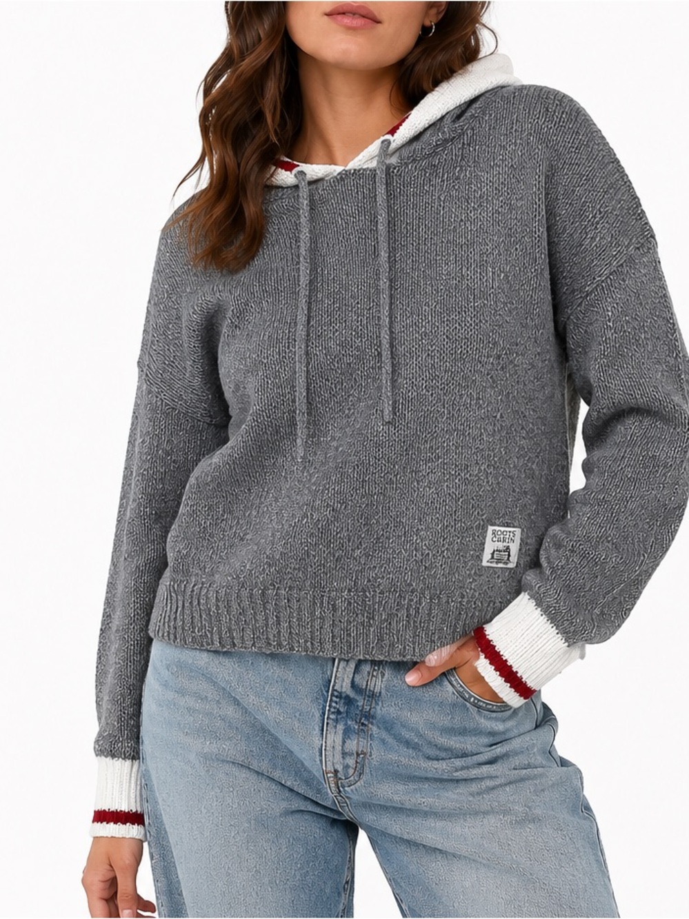 Roots Cabin Women’s S Grey Knit Hoodie Sweater Red White Trim Pullover Canada